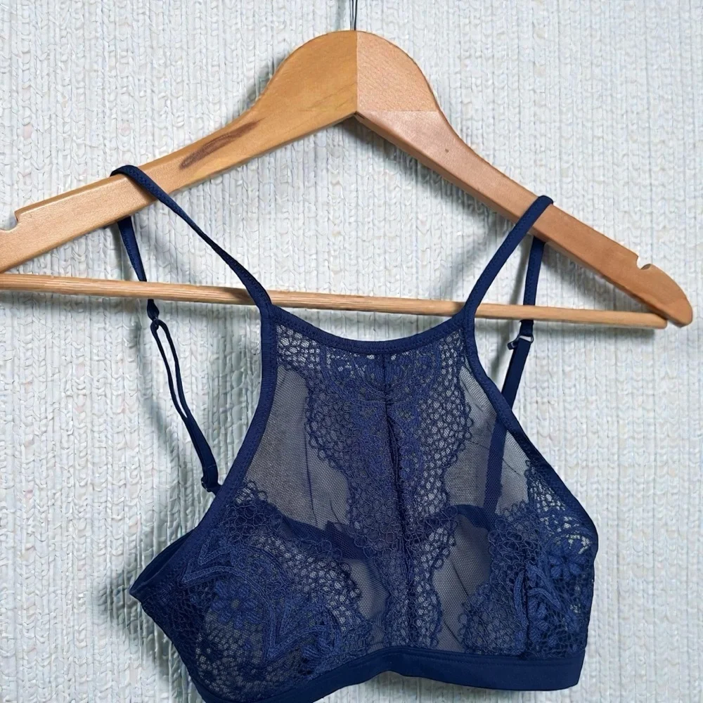 Victoria’s Secret Lace Bralette | Navy Blue Sheer Floral Lace Bralette XS - Picture 1 of 5
